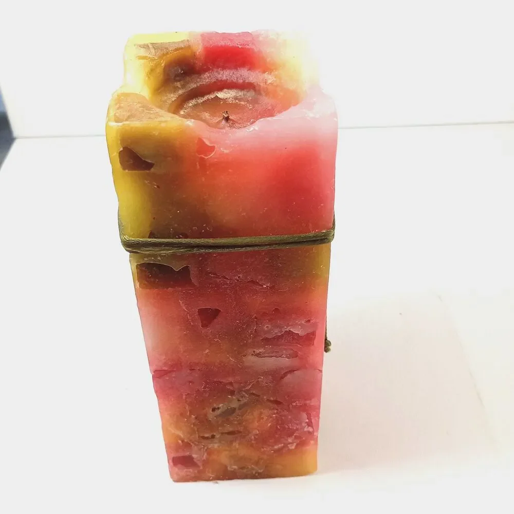 Vintage Chunk Pillar Candle Square Mosaic Wax Red Yellow Cream Rustic Decor